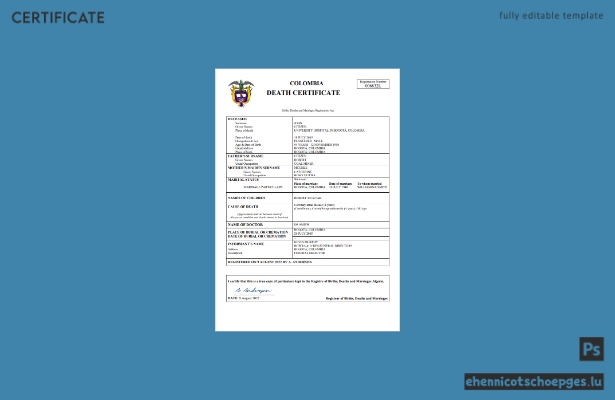 Kolumbianische Sterbeurkunde – Beispielansicht in Word und PDF
